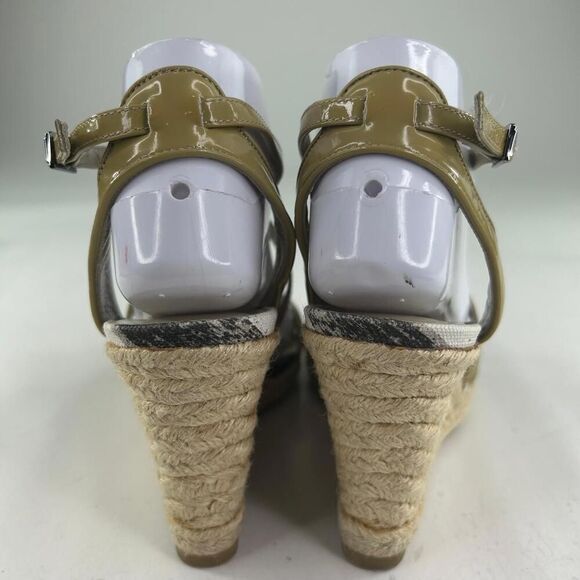 Burberry Nova Check Wedge Espadrilles US 8.5 Womens Beige Patent Strap Sandals - Picture 6 of 10